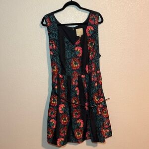 ModCloth Black Floral Fit & Flare Pin Up Rockabilly Belted Dress Size 3X